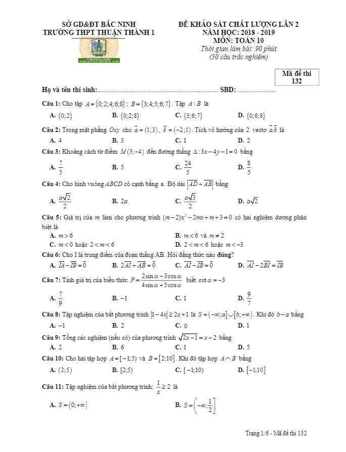 Đề khảo sát Toán 10 lần 2 năm 2018 – 2019 trường Thuận Thành 1 – Bắc Ninh