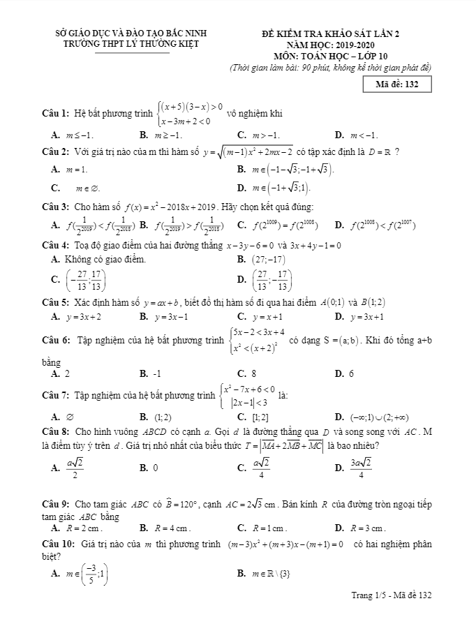 Đề khảo sát Toán 10 lần 2 năm 2019 – 2020 trường THPT Lý Thường Kiệt – Bắc Ninh