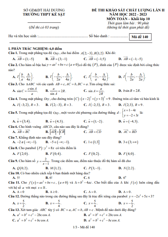 Đề khảo sát Toán 10 lần 2 năm 2022 – 2023 trường THPT Kẻ Sặt – Hải Dương