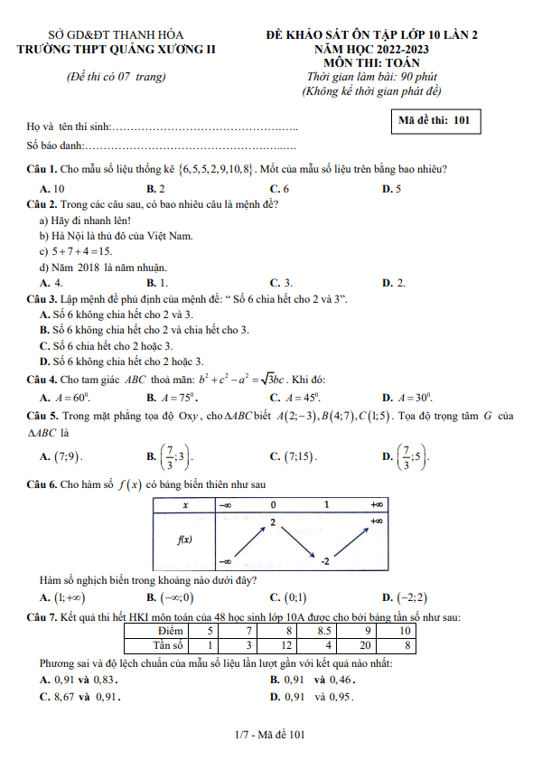 Đề khảo sát Toán 10 lần 2 năm 2022 – 2023 trường THPT Quảng Xương 2 – Thanh Hóa