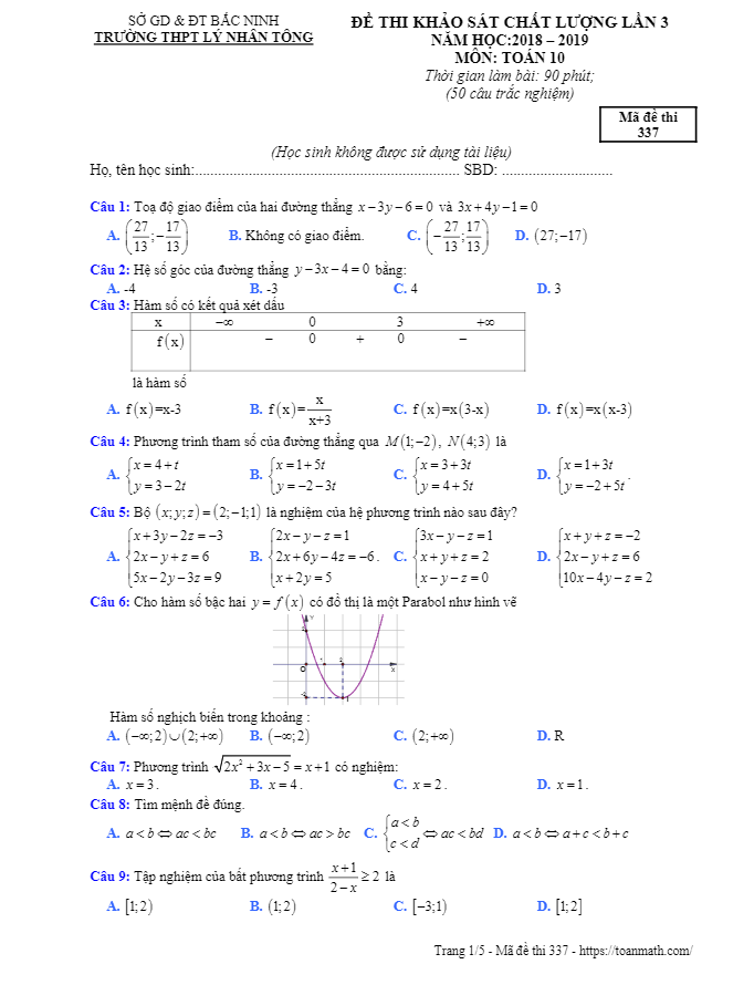 Đề khảo sát Toán 10 lần 3 năm 2018 – 2019 trường Lý Nhân Tông – Bắc Ninh