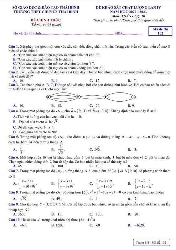 Đề khảo sát Toán 10 lần 4 năm 2022 – 2023 trường THPT chuyên Thái Bình
