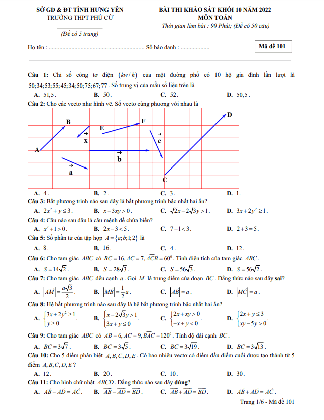 Đề khảo sát Toán 10 năm 2022 – 2023 trường THPT Phù Cừ – Hưng Yên
