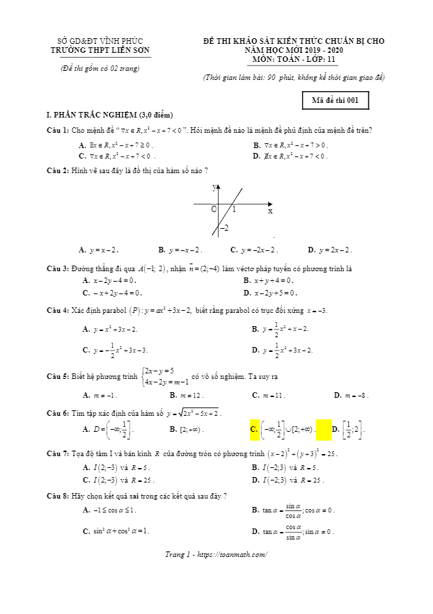 Đề khảo sát Toán 11 chuẩn bị năm học 2019 – 2020 trường Liễn Sơn – Vĩnh Phúc