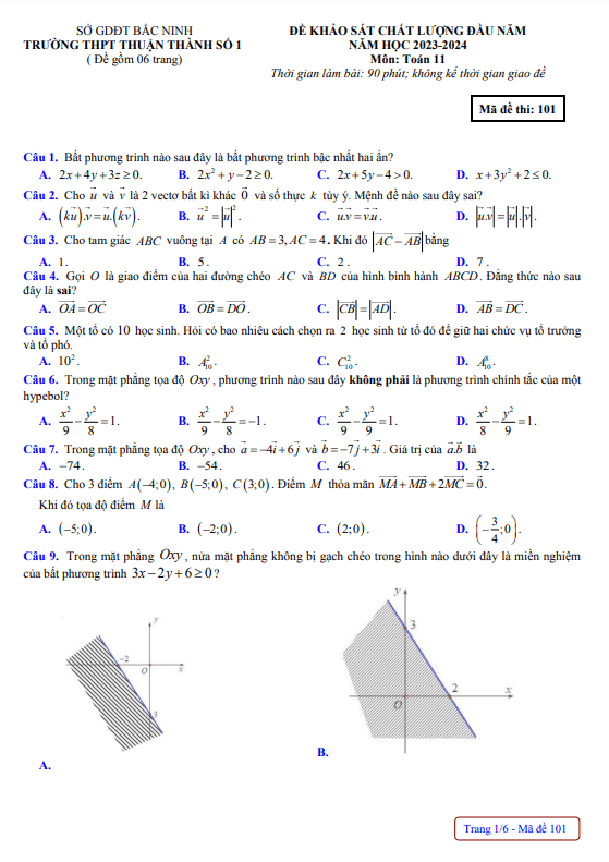 Đề khảo sát Toán 11 đầu năm 2023 – 2024 trường THPT Thuận Thành 1 – Bắc Ninh