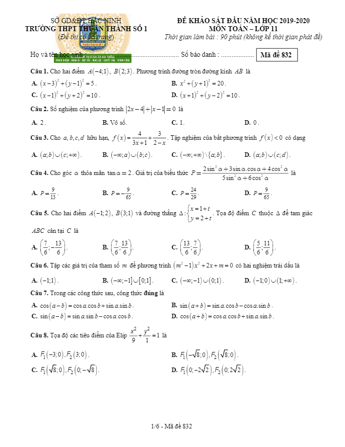 Đề khảo sát Toán 11 đầu năm học 2019 – 2020 trường Thuận Thành 1 – Bắc Ninh
