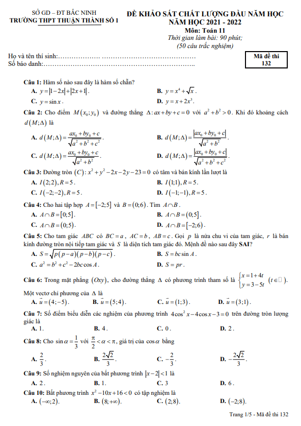 Đề khảo sát Toán 11 đầu năm học 2021 – 2022 trường Thuận Thành 1 – Bắc Ninh