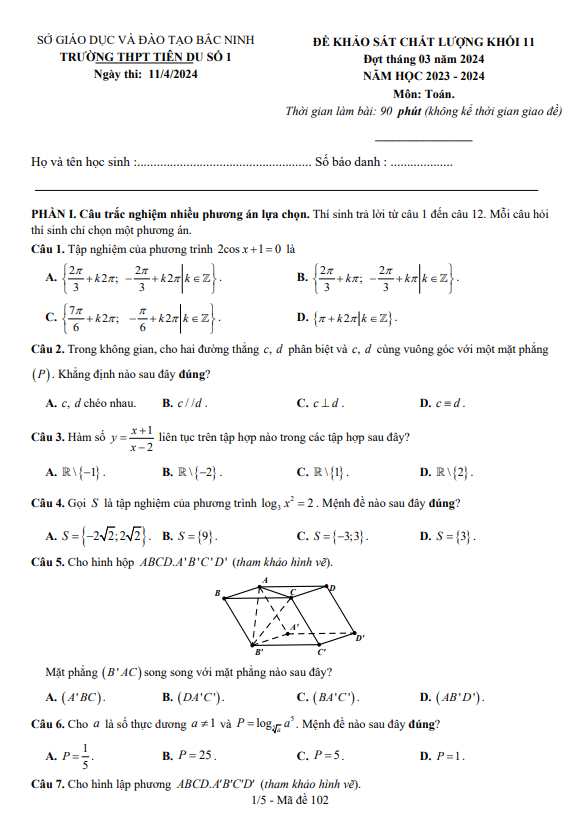 Đề khảo sát Toán 11 đợt tháng 03 năm 2024 trường THPT Tiên Du 1 – Bắc Ninh