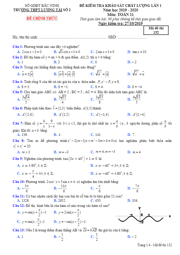 Đề khảo sát Toán 11 lần 1 năm 2019 – 2020 trường THPT Lương Tài 2 – Bắc Ninh