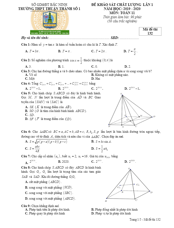 Đề khảo sát Toán 11 lần 1 năm 2019 – 2020 trường Thuận Thành 1 – Bắc Ninh