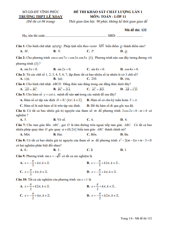 Đề khảo sát Toán 11 lần 1 năm 2022 – 2023 trường THPT Lê Xoay – Vĩnh Phúc