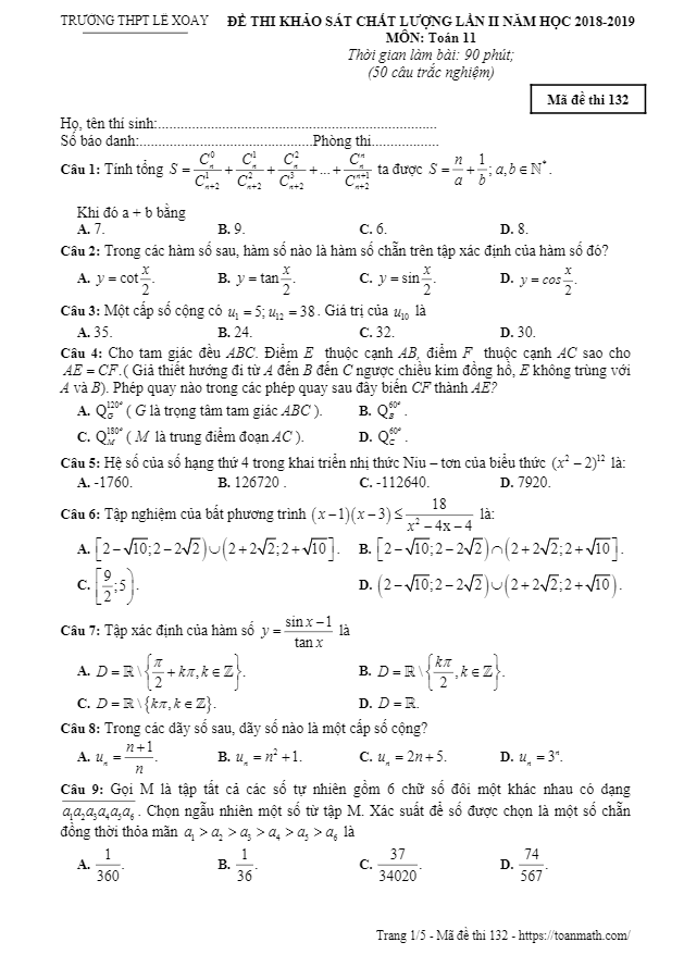 Đề khảo sát Toán 11 lần 2 năm 2018 – 2019 trường THPT Lê Xoay – Vĩnh Phúc