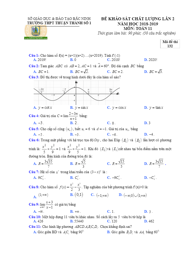 Đề khảo sát Toán 11 lần 2 năm 2018 – 2019 trường Thuận Thành 1 – Bắc Ninh
