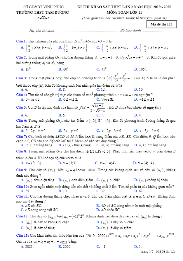 Đề khảo sát Toán 11 lần 2 năm 2019 – 2020 trường Tam Dương – Vĩnh Phúc