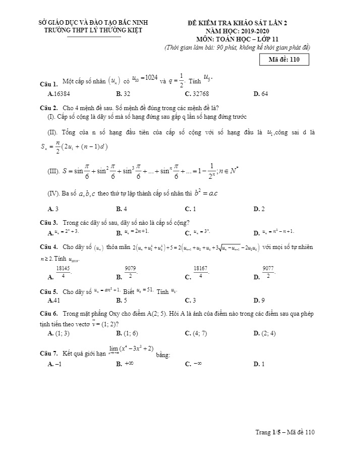Đề khảo sát Toán 11 lần 2 năm 2019 – 2020 trường THPT Lý Thường Kiệt – Bắc Ninh
