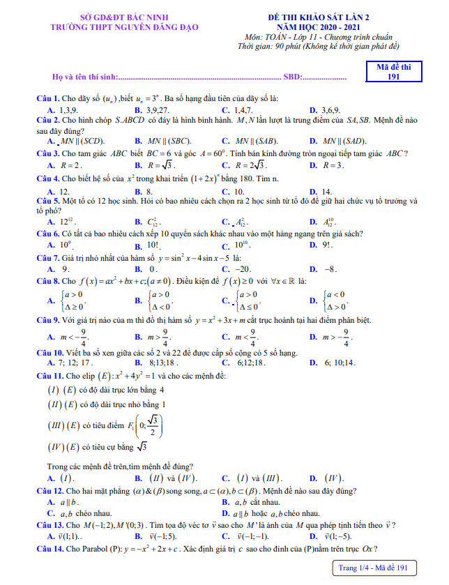 Đề khảo sát Toán 11 lần 2 năm 2020 – 2021 trường Nguyễn Đăng Đạo – Bắc Ninh