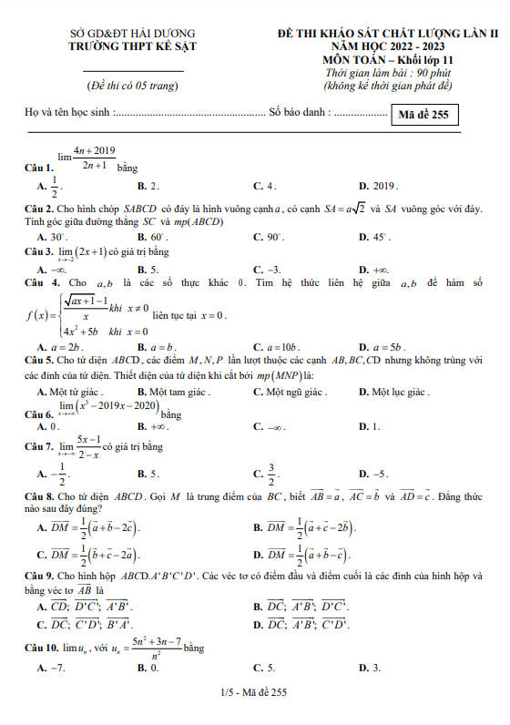 Đề khảo sát Toán 11 lần 2 năm 2022 – 2023 trường THPT Kẻ Sặt – Hải Dương