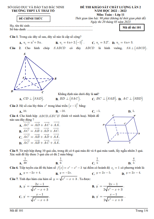 Đề khảo sát Toán 11 lần 2 năm 2022 – 2023 trường THPT Lý Thái Tổ – Bắc Ninh