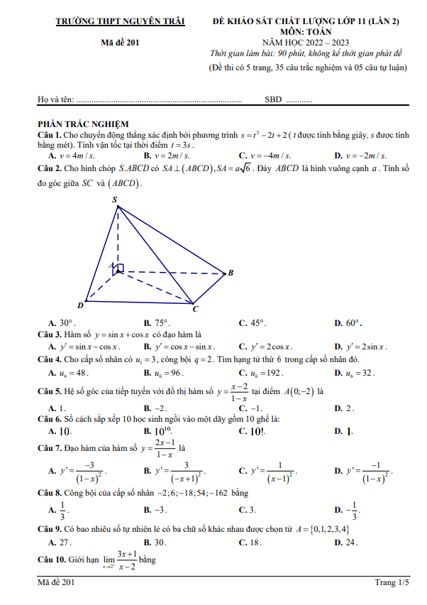 Đề khảo sát Toán 11 lần 2 năm 2022 – 2023 trường THPT Nguyễn Trãi – Thanh Hoá