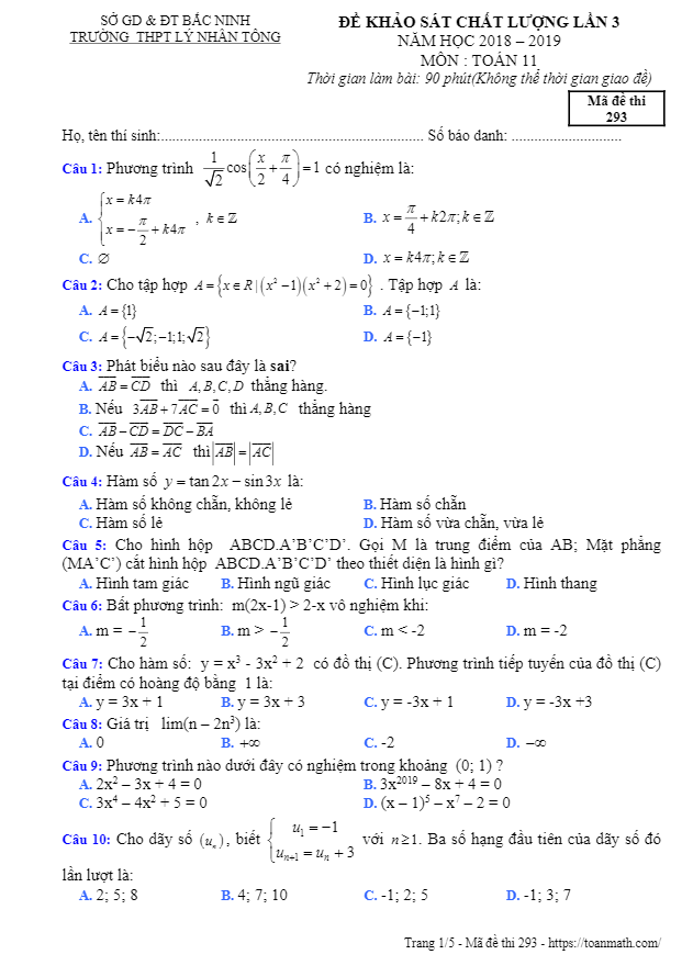 Đề khảo sát Toán 11 lần 3 năm 2018 – 2019 trường Lý Nhân Tông – Bắc Ninh