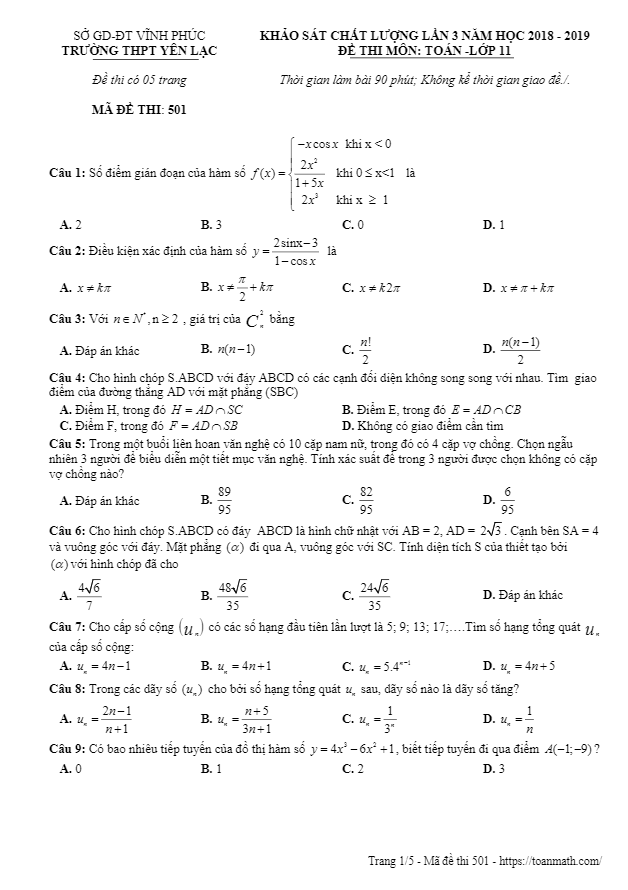 Đề khảo sát Toán 11 lần 3 năm 2018 – 2019 trường THPT Yên Lạc – Vĩnh Phúc
