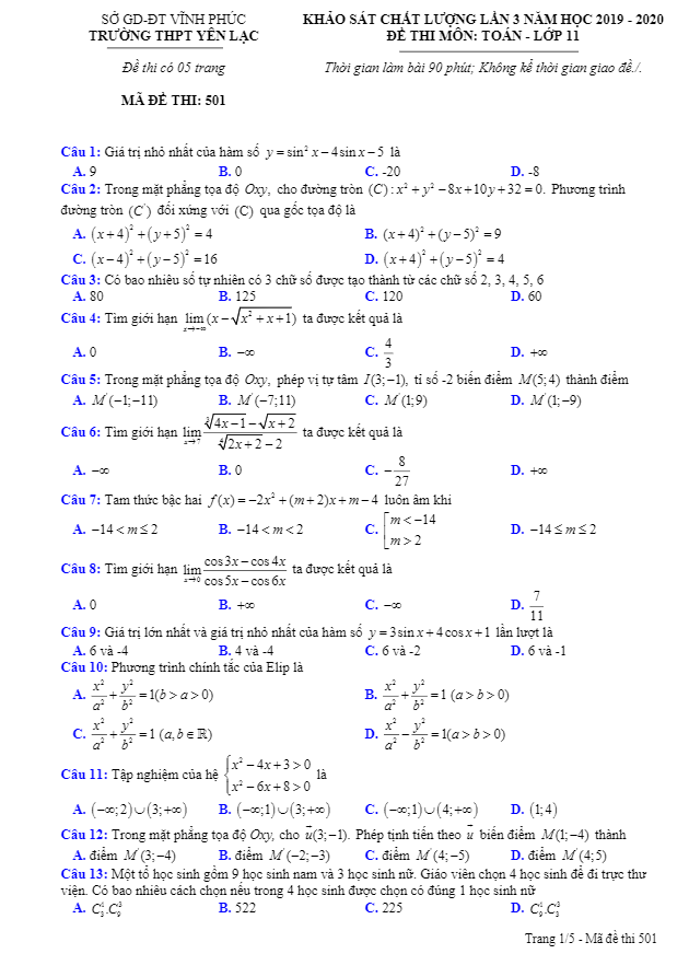 Đề khảo sát Toán 11 lần 3 năm 2019 – 2020 trường THPT Yên Lạc – Vĩnh Phúc