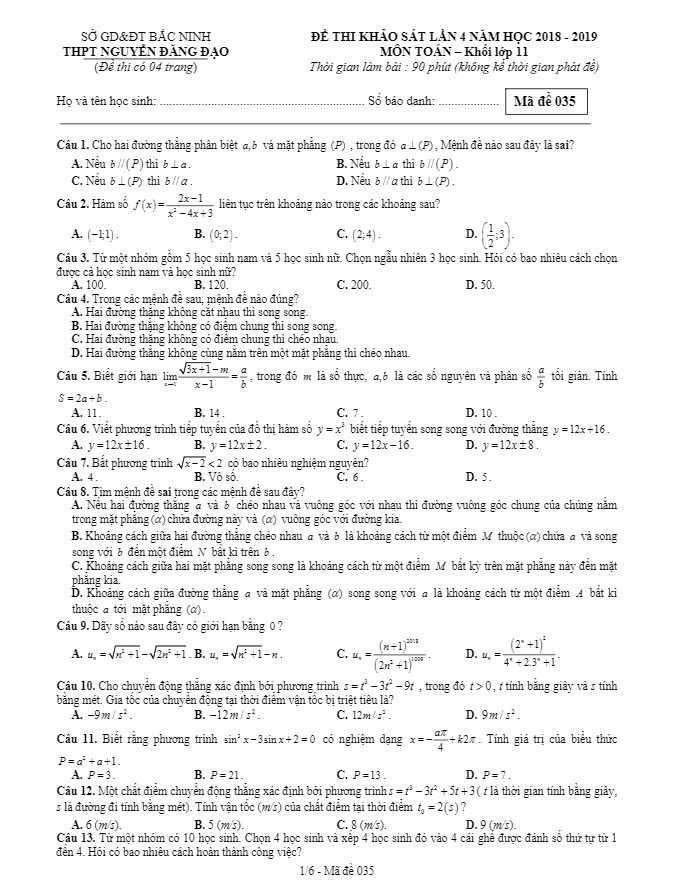 Đề khảo sát Toán 11 lần 4 năm 2018 – 2019 trường Nguyễn Đăng Đạo – Bắc Ninh