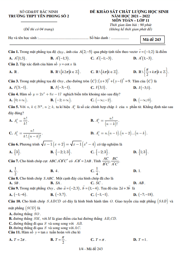 Đề khảo sát Toán 11 năm 2021 – 2022 trường THPT Yên Phong 2 – Bắc Ninh