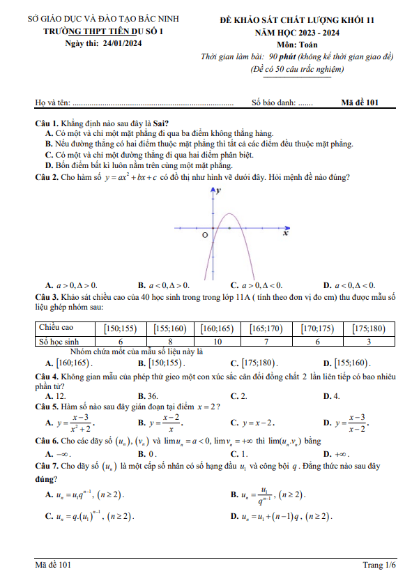 Đề khảo sát Toán 11 năm 2023 – 2024 trường THPT Tiên Du 1 – Bắc Ninh