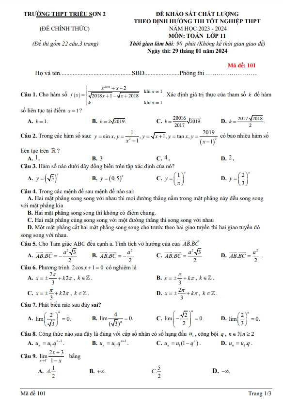 Đề khảo sát Toán 11 năm 2023 – 2024 trường THPT Triệu Sơn 2 – Thanh Hóa