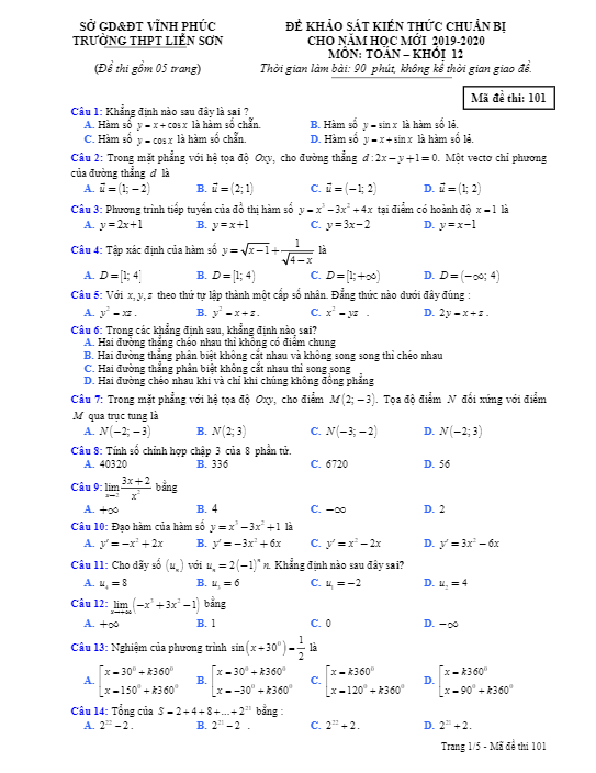 Đề khảo sát Toán 12 chuẩn bị năm học 2019 – 2020 trường Liễn Sơn – Vĩnh Phúc