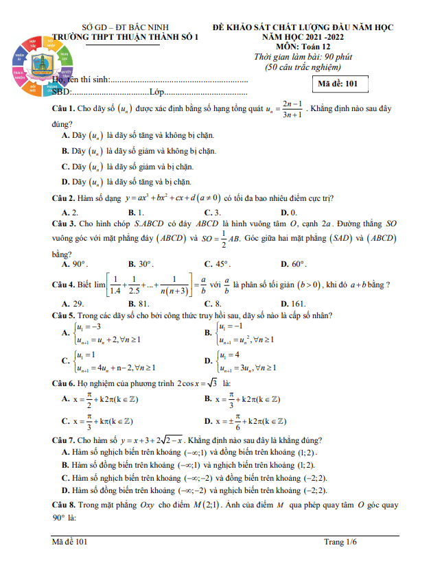 Đề khảo sát Toán 12 đầu năm học 2021 – 2022 trường Thuận Thành 1 – Bắc Ninh