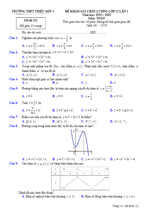 Đề khảo sát Toán 12 lần 1 năm 2019 – 2020 trường Triệu Sơn 4 – Thanh Hóa