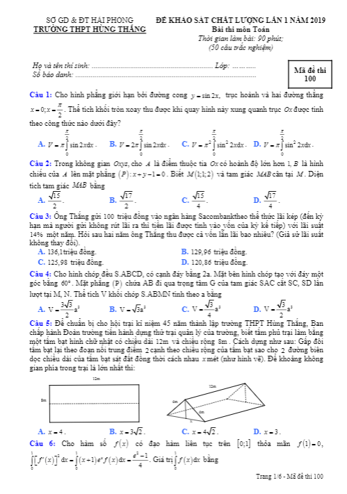 Đề khảo sát Toán 12 lần 1 năm 2019 trường THPT Hùng Thắng – Hải Phòng