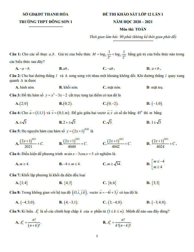 Đề khảo sát Toán 12 lần 1 năm 2020 – 2021 trường Đông Sơn 1 – Thanh Hóa