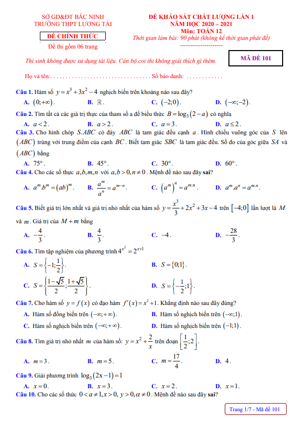 Đề khảo sát Toán 12 lần 1 năm 2020 – 2021 trường THPT Lương Tài – Bắc Ninh