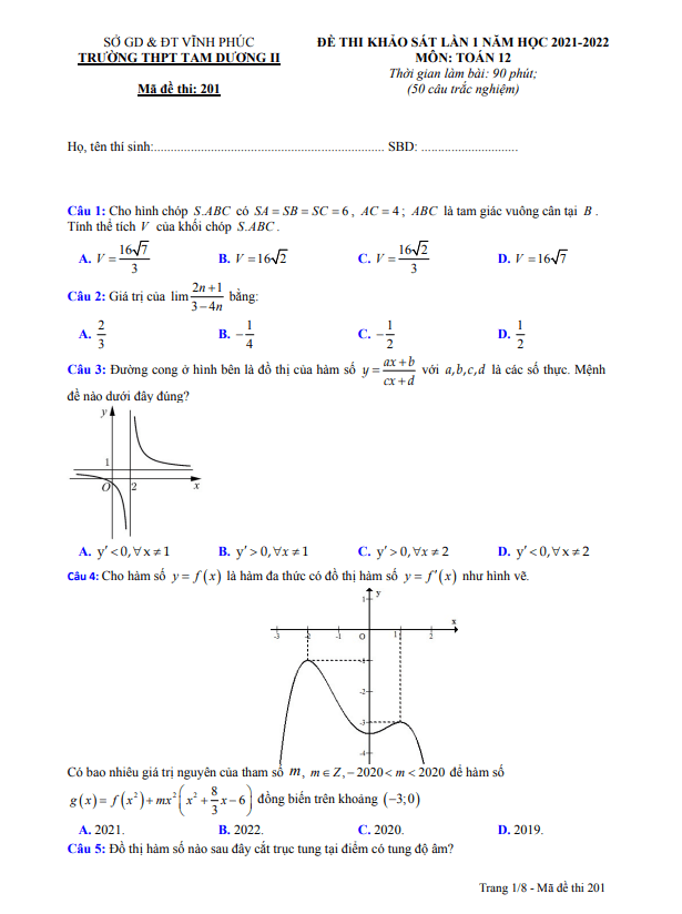 Đề khảo sát Toán 12 lần 1 năm 2021 – 2022 trường THPT Tam Dương 2 – Vĩnh Phúc
