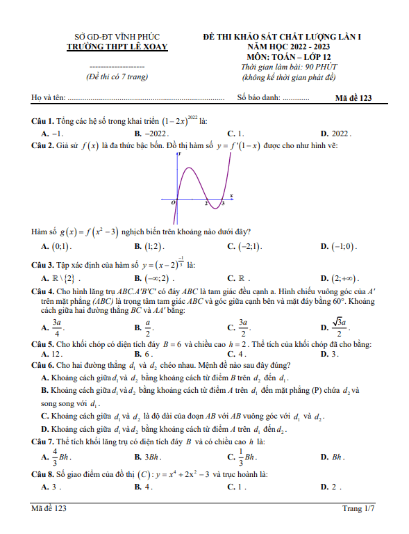 Đề khảo sát Toán 12 lần 1 năm 2022 – 2023 trường THPT Lê Xoay – Vĩnh Phúc