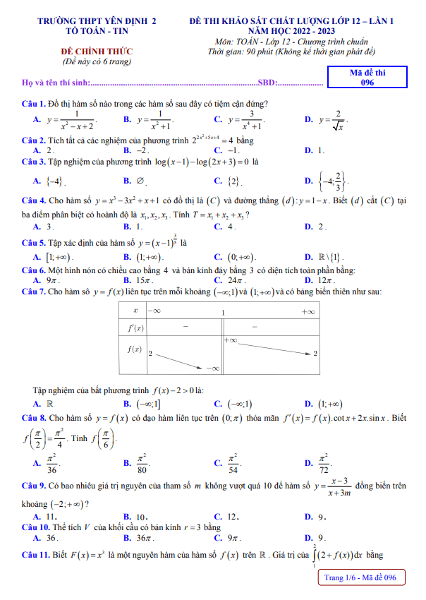 Đề khảo sát Toán 12 lần 1 năm 2022 – 2023 trường THPT Yên Định 2 – Thanh Hóa