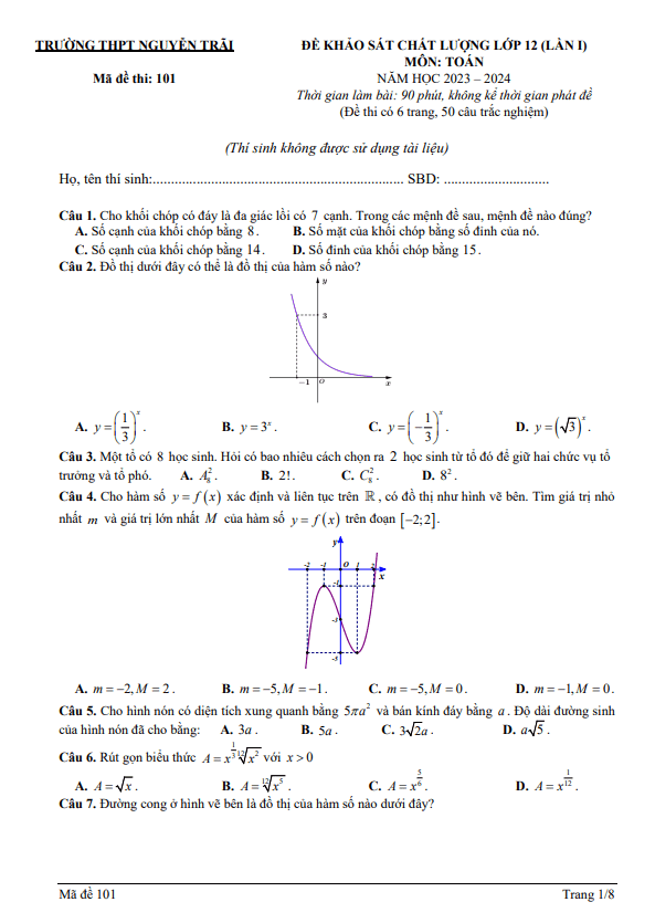 Đề khảo sát Toán 12 lần 1 năm 2023 – 2024 trường THPT Nguyễn Trãi – Thanh Hóa