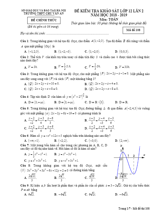 Đề khảo sát Toán 12 lần 2 năm 2018 – 2019 trường Chu Văn An – Hà Nội