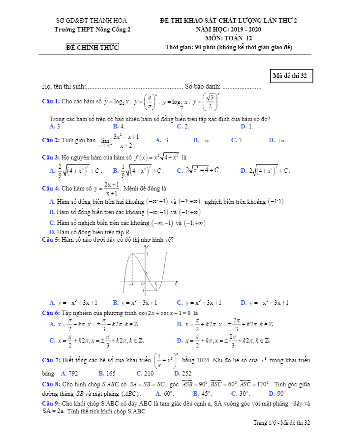 Đề khảo sát Toán 12 lần 2 năm 2019 – 2020 THPT Nông Cống 2 – Thanh Hóa