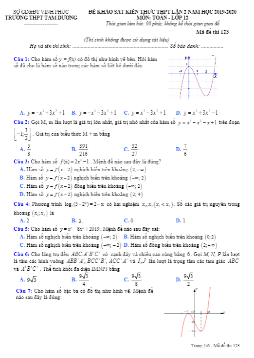 Đề khảo sát Toán 12 lần 2 năm 2019 – 2020 trường Tam Dương – Vĩnh Phúc