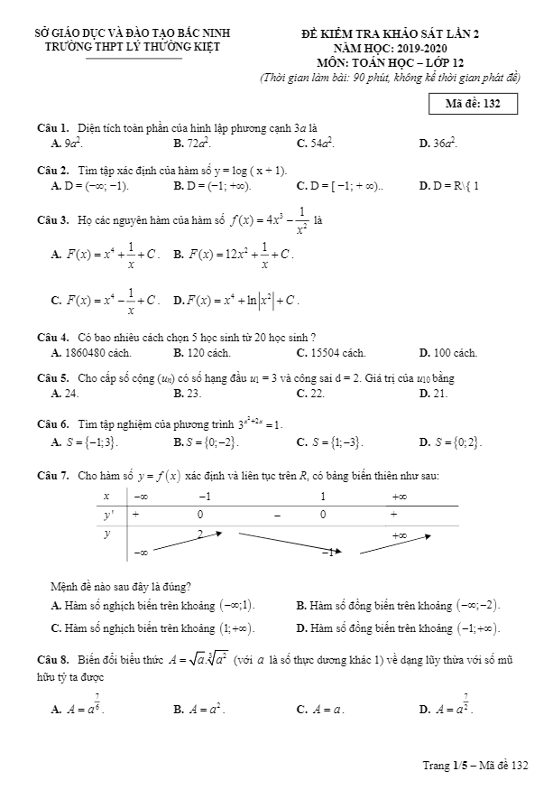 Đề khảo sát Toán 12 lần 2 năm 2019 – 2020 trường THPT Lý Thường Kiệt – Bắc Ninh