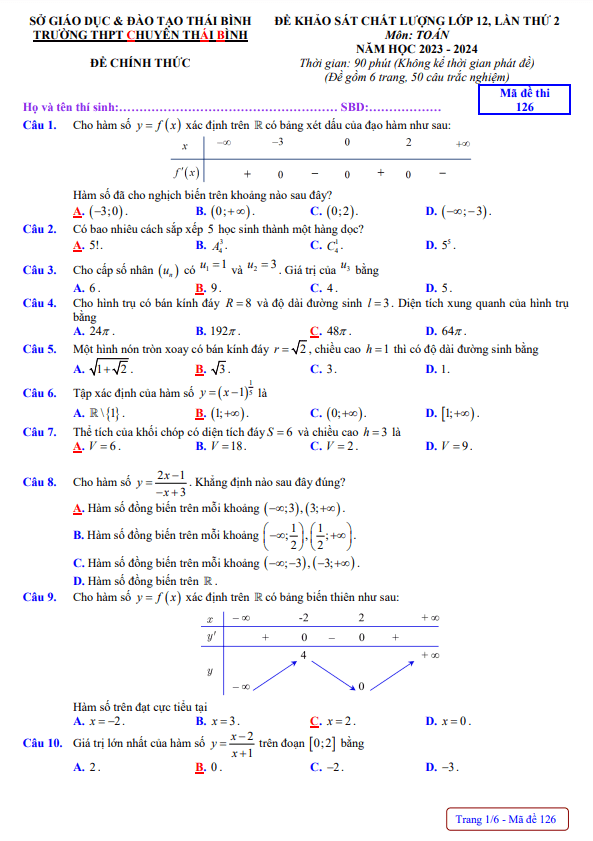Đề khảo sát Toán 12 lần 2 năm 2023 – 2024 trường THPT chuyên Thái Bình