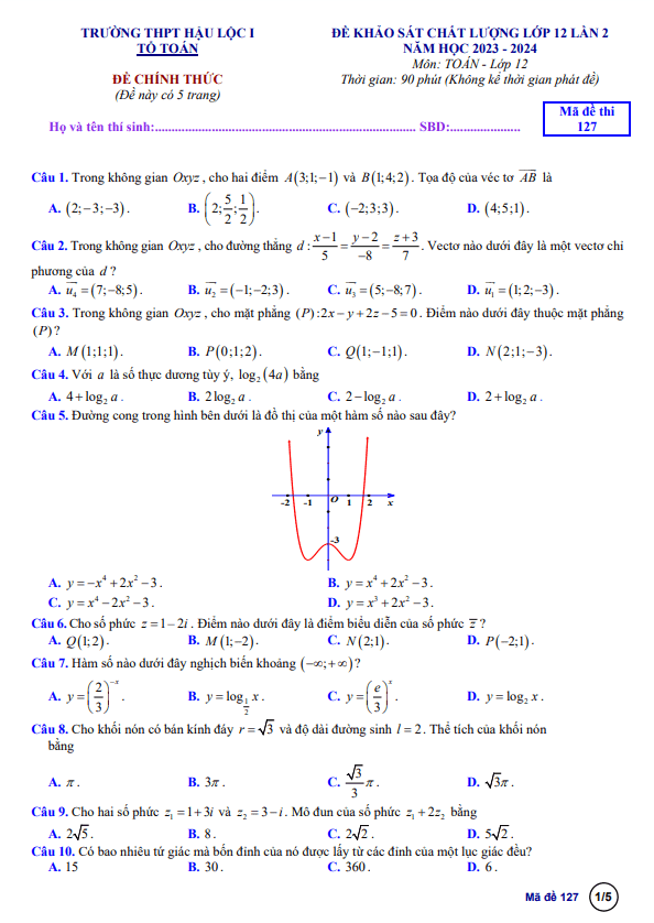 Đề khảo sát Toán 12 lần 2 năm 2023 – 2024 trường THPT Hậu Lộc 1 – Thanh Hóa