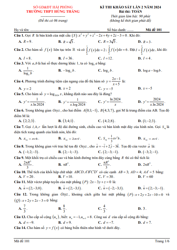 Đề khảo sát Toán 12 lần 2 năm 2023 – 2024 trường THPT Hùng Thắng – Hải Phòng