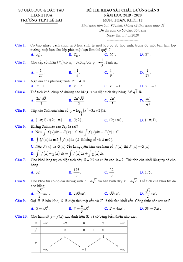 Đề khảo sát Toán 12 lần 3 năm 2019 – 2020 trường THPT Lê Lai – Thanh Hóa
