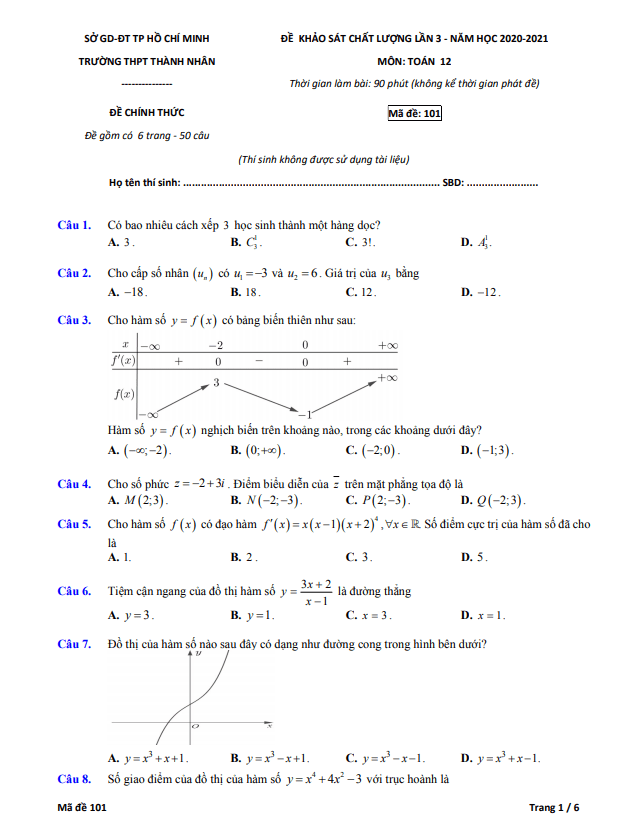 Đề khảo sát Toán 12 lần 3 năm 2020 – 2021 trường THPT Thành Nhân – TP HCM