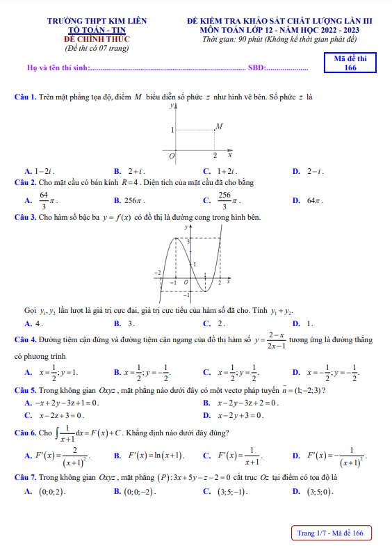 Đề khảo sát Toán 12 lần 3 năm 2022 – 2023 trường THPT Kim Liên – Hà Nội